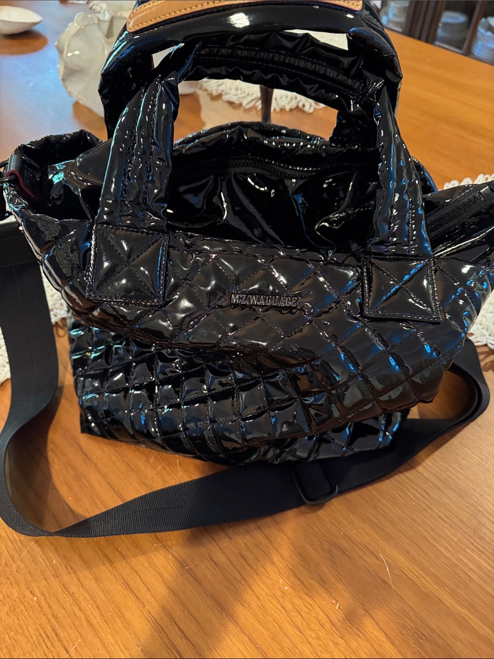 MZ Wallace Black Quilted Patent Tote with Adjustable Strap